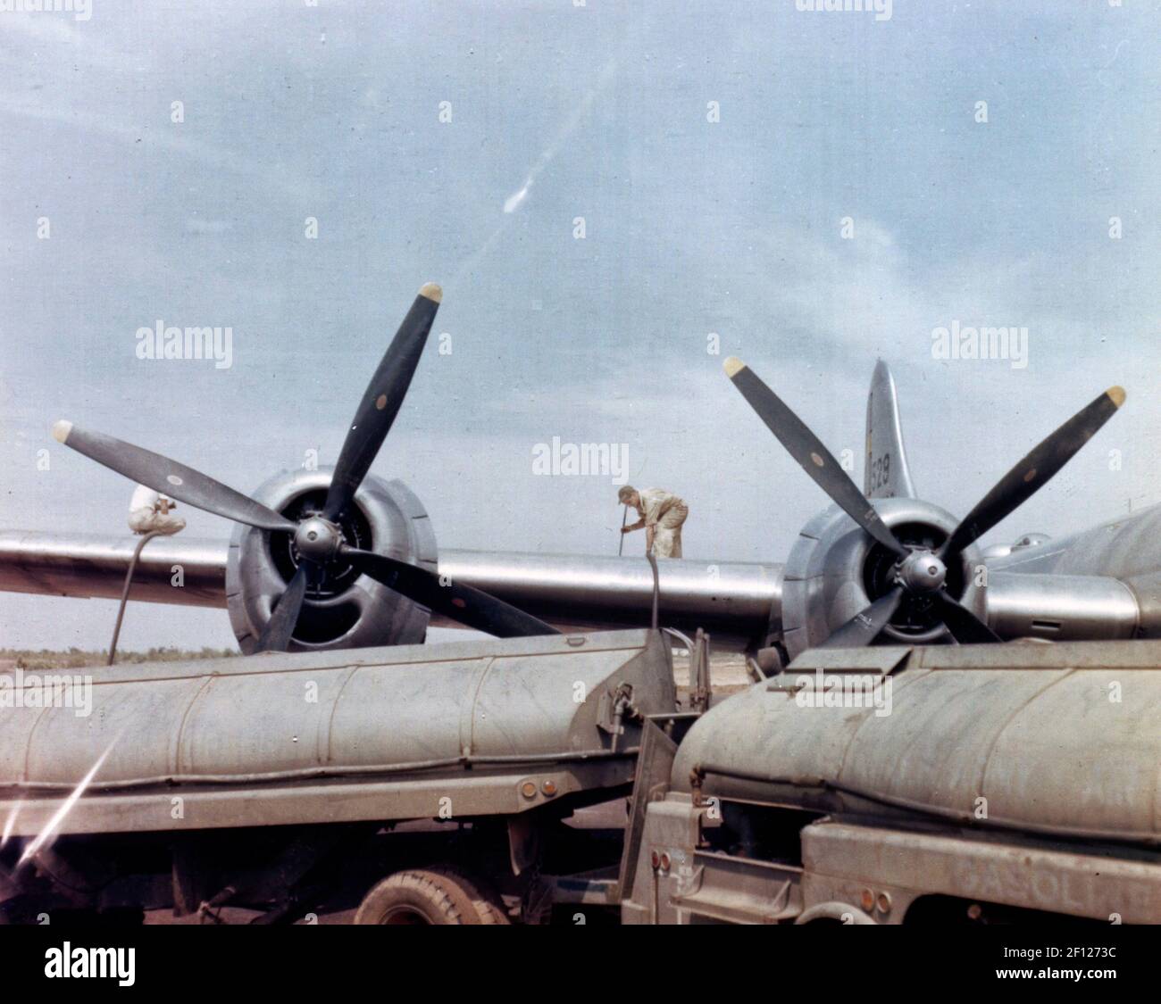 Refueling A B-29 Superfortress, circa 1945 Stock Photo
