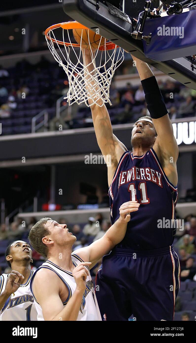 New Jersey Nets Brook Lopez (11) slam dunks over Washington