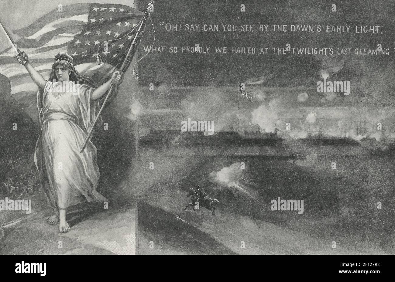 Our Great National Hymn - Columbia carrying a Sword and American Flag with the words to the Star Spangled Banner beside her Stock Photo
