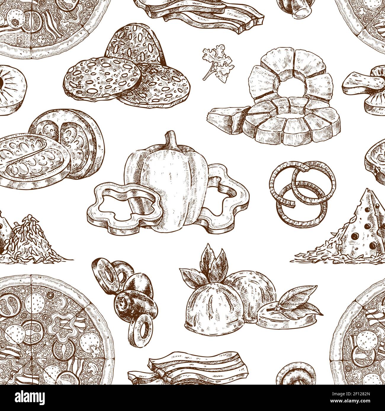 Hand drawn pizza seamless pattern with monochrome images of filler ingredients salami ripe vegetables with slices vector illustration Stock Vector