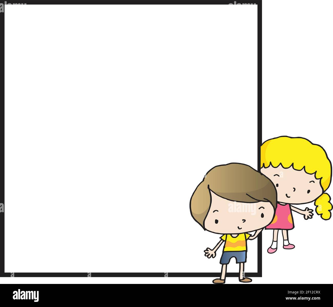 vector cartoon kids with square border frame background Stock Vector
