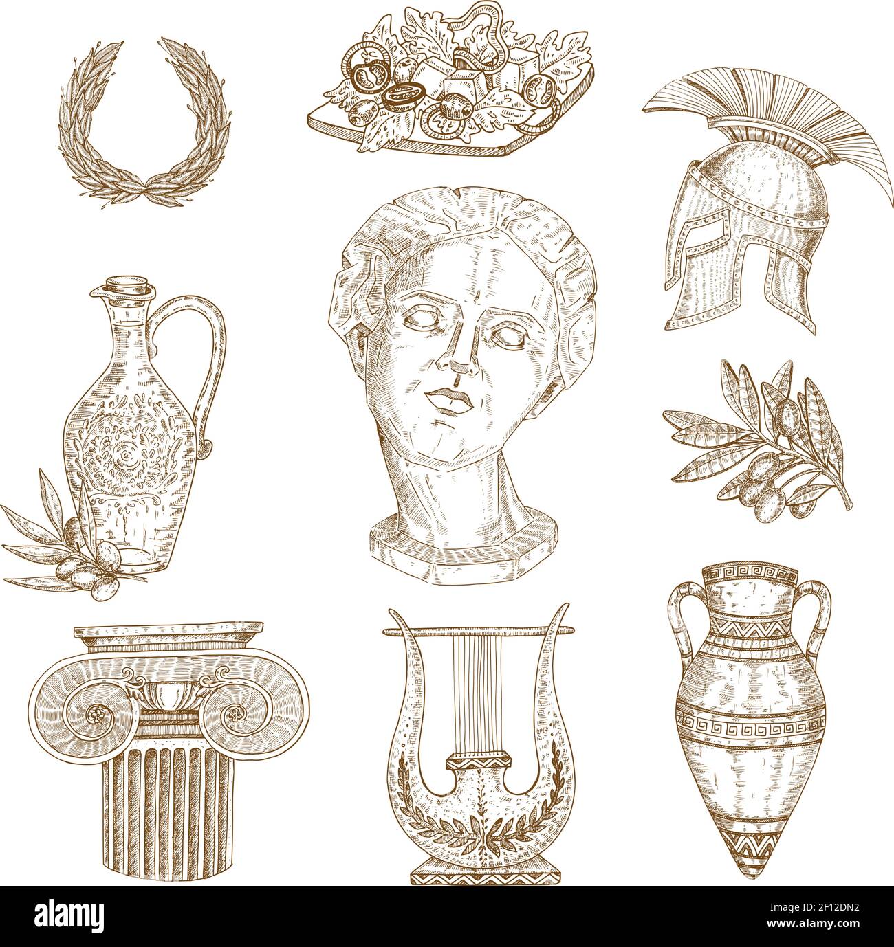 Set of nine isolated drawn greece ancient decorative images with ...