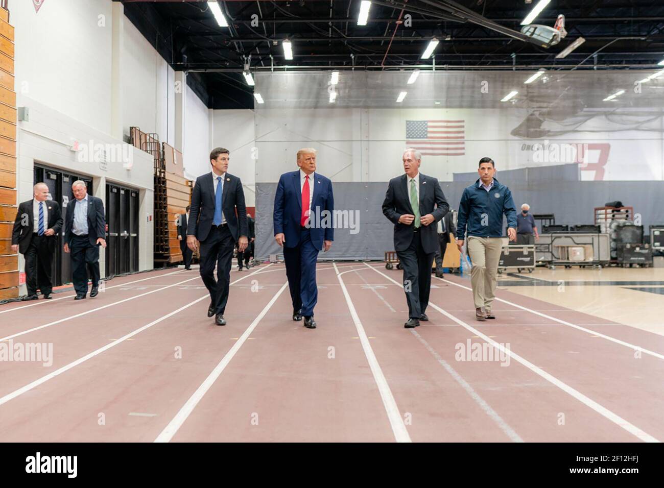 President Donald Trump is joined by Rep. Bryan Steil R- Wis. Senator Ron Johnson. R-Wis. and Acting Secretary of the Department of Homeland Security Chad Wolf right during a tour of an emergency operation center Tuesday Sept. 1 2020 at Mary D. Bradford High School in Kenosha Wis. Stock Photo