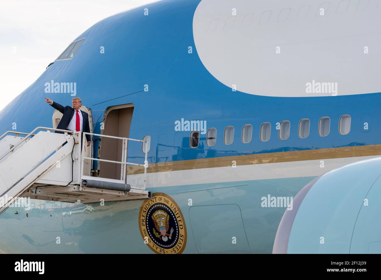 President Donald Trump bids farewell from Air Force One Saturday May 30 2020 concluding his trip to Cape Canaveral Fla. Stock Photo