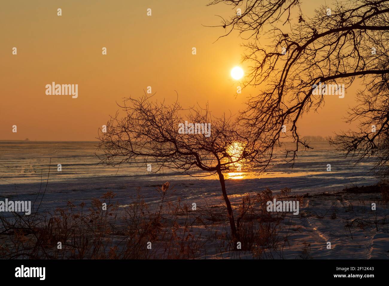 Sunrise over Saginaw Bay, late winter, Lake Huron, Michigan, USA, by James D Coppinger/Dembinsky Photo Assoc Stock Photo