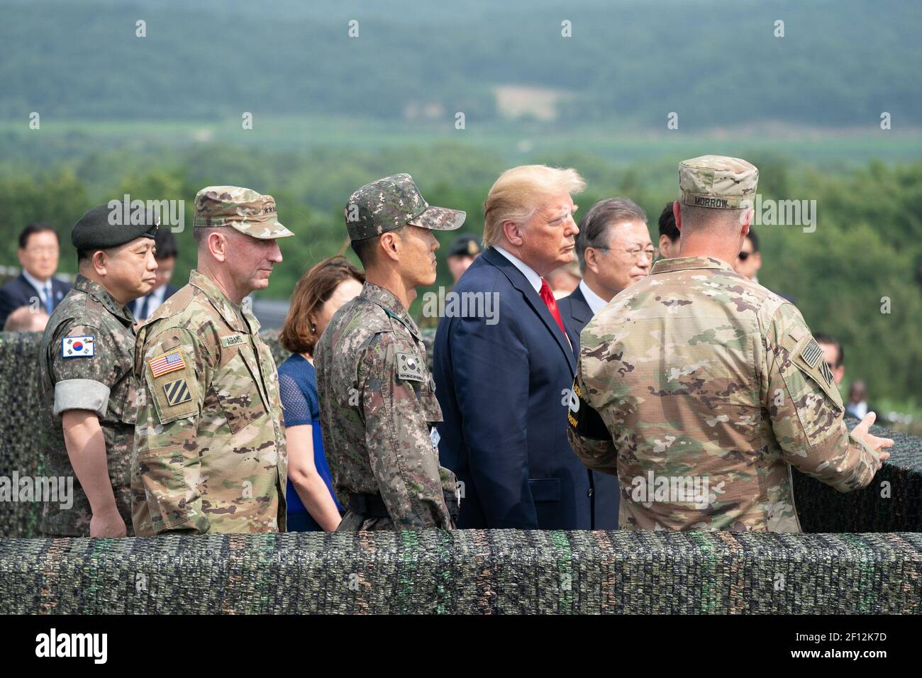 President Donald Trump visits with military personal during his tour Sunday June 30 2019 at the Korean Demilitarized Zone. Stock Photo