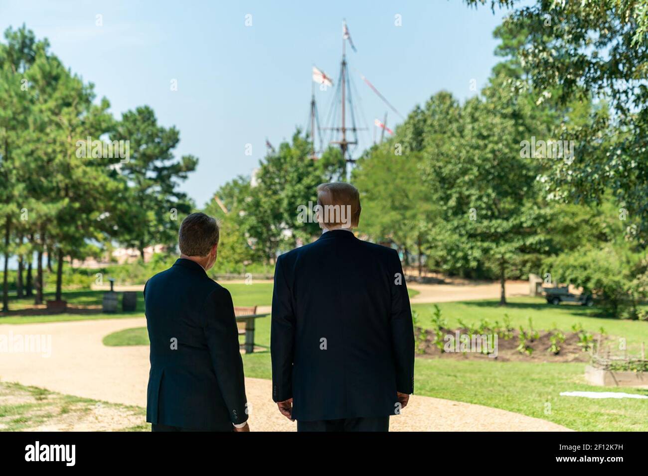 President Donald Trump tours the James Fort Replica with Philip Emerson Executive Director of the James-Yorktown Foundation Inc. Tuesday July 30 2019 at Jamestown Settlement Museum in Williamsburg Va. Stock Photo