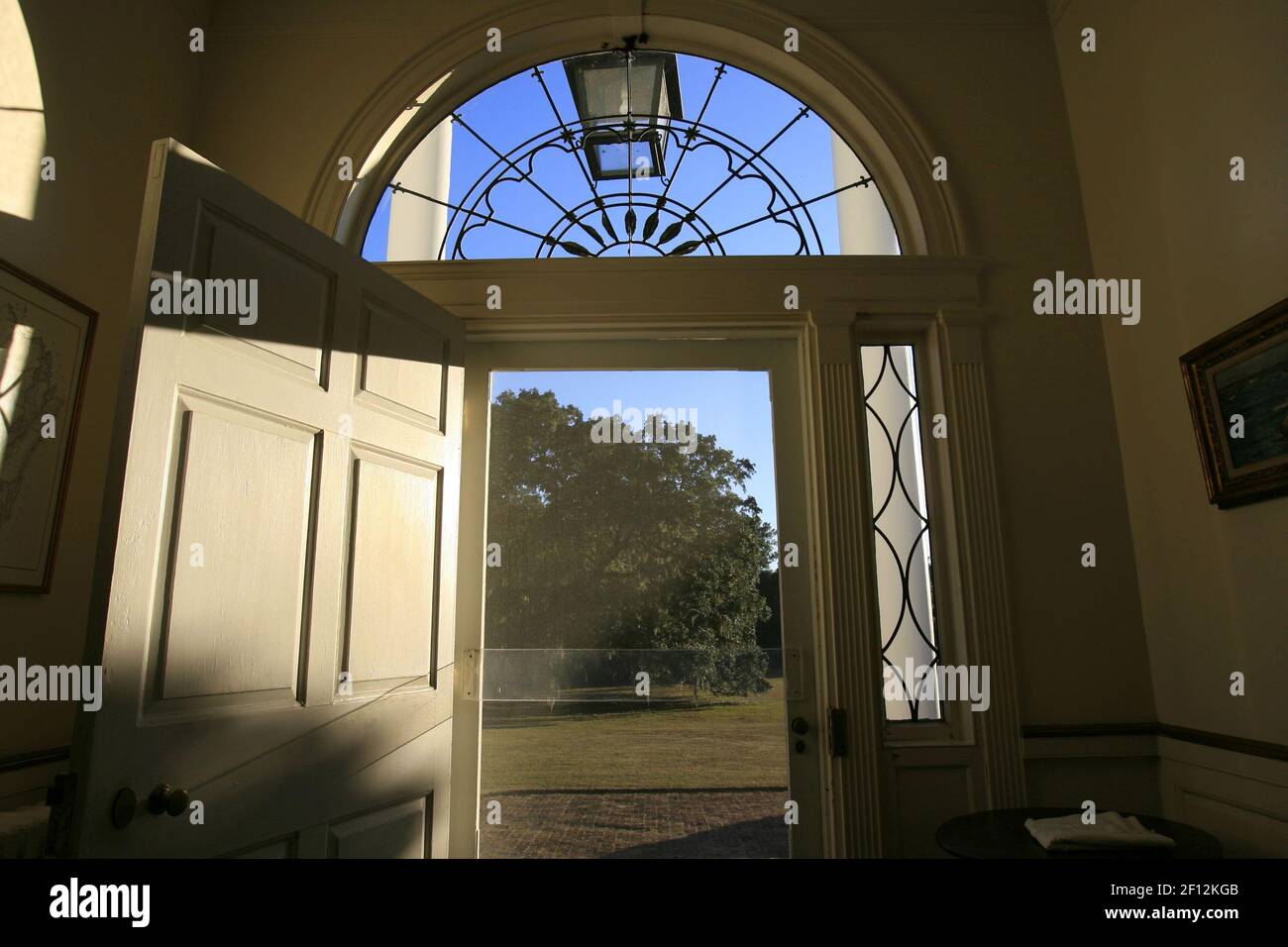In this photograph, a view from inside, looking out, the mansion at the Friendfield Plantation is captured November 23, 2008, in Georgetown, South Carolina. Historical records show that James Robinson was a slave on the plantation and is a great-great-grandfather of Michelle Obama. (Photo by Alex Garcia/Chicago Tribune/MCT/Sipa USA) Stock Photo