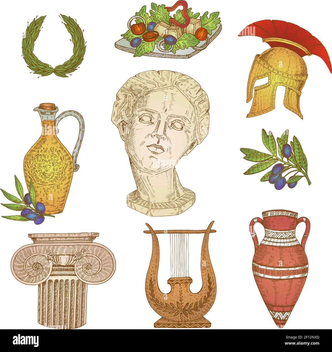 Isolated colorful hand drawn greek elements with decorative images of