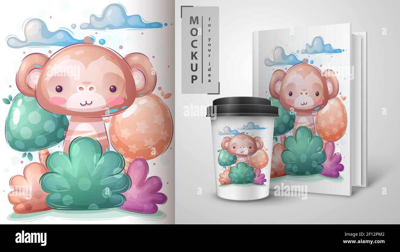 Monkey in bush poster and merchandising. Stock Vector