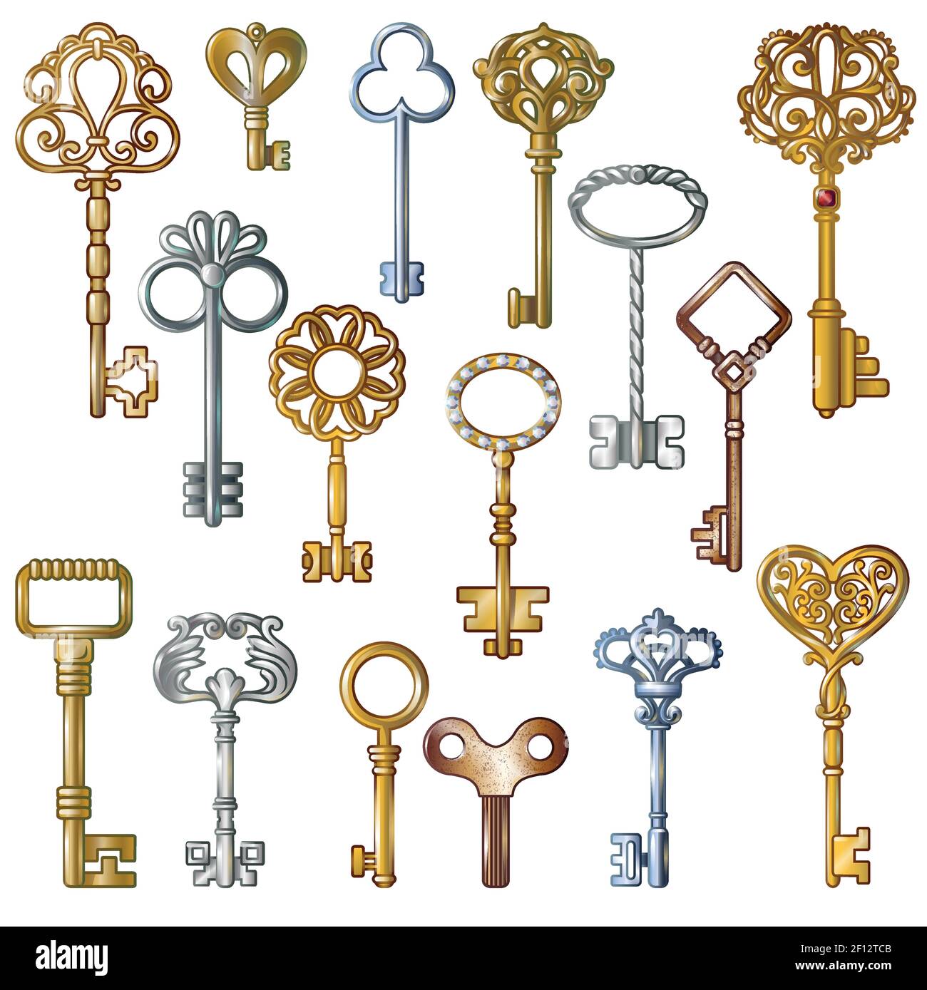 Isolated images of realistic vintage keys with golden silver and bronze decorative symbols on blank background vector illustration Stock Vector