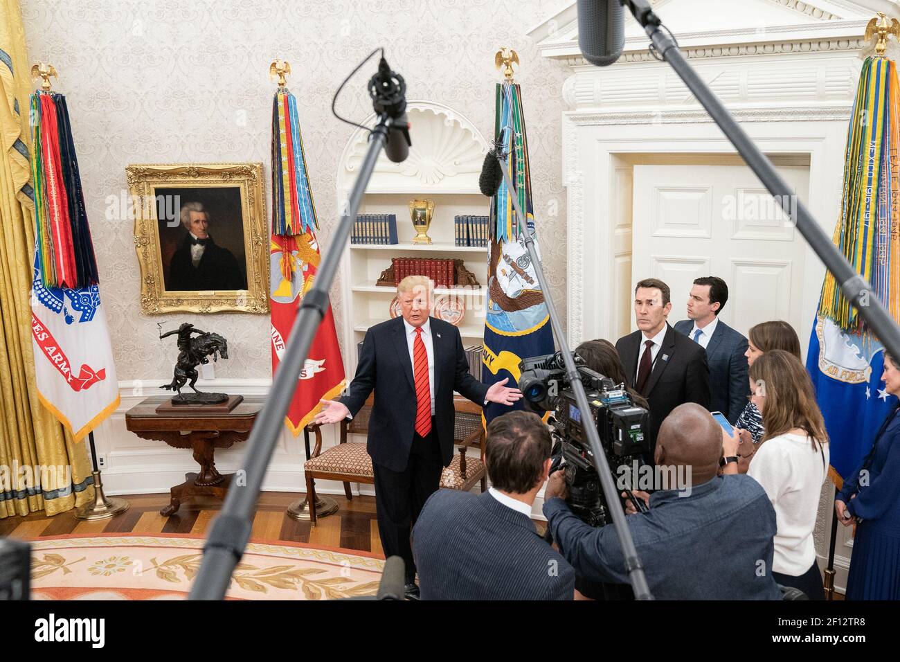 President Donald Trump participates in the ceremonial swearing in of Labor Secretary Eugene Scalia in the Oval Office Monday September 30 2019. Stock Photo