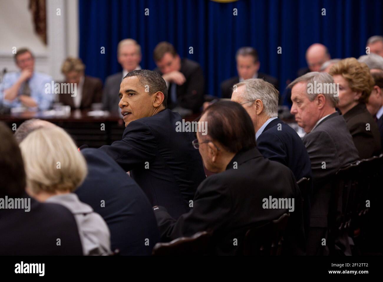 President Barack Obama meets with the Senate Democratic Caucus in the Eisenhower Executive Office Building in Washington D.C. May 11 2011. Stock Photo