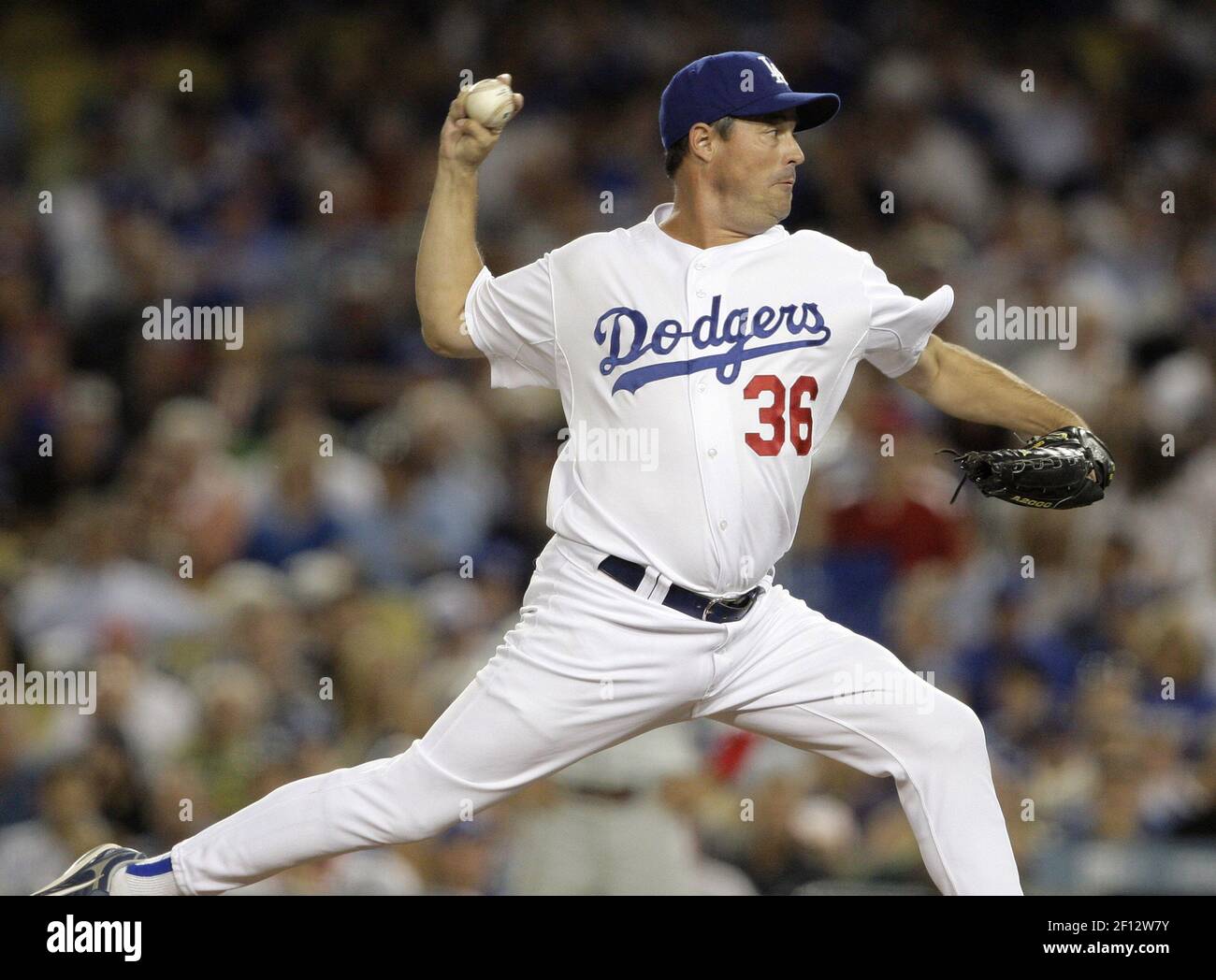 Los Angeles Dodgers pitcher Greg Maddux works against the Philadelphia  Phillies during Game 5 of the NLCS at Dodger Stadium in Los Angeles,  California, Wednesday, October 15, 2008. (Photo by Ron Cortes/Philadelphia