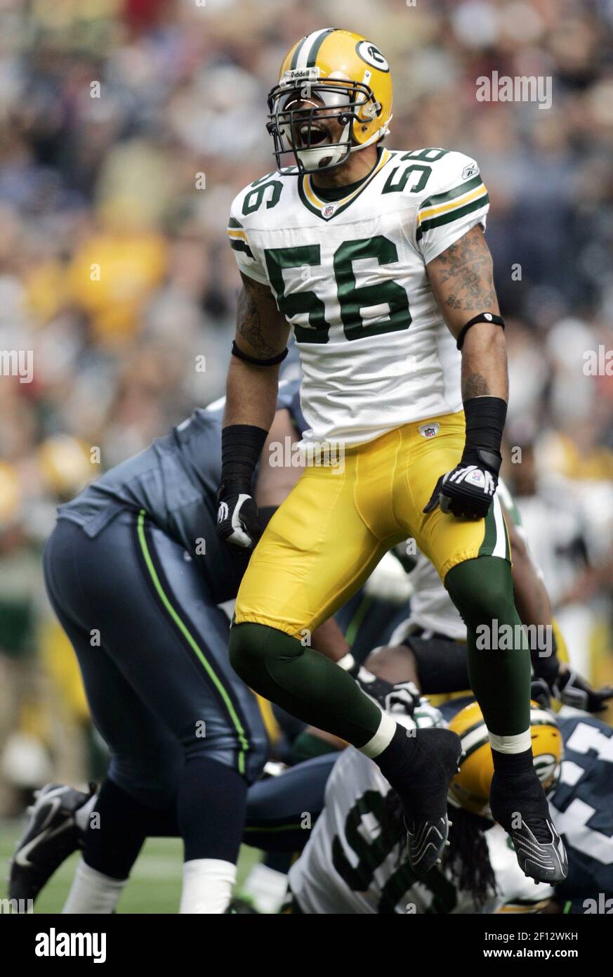 Green Bay Packers linebacker Nick Barnett celebrates after making a tackle  during the first half against the Seattle Seahawks at Qwest Field in  Seattle, Washington, Sunday, October 12, 2008. The Packers defeated