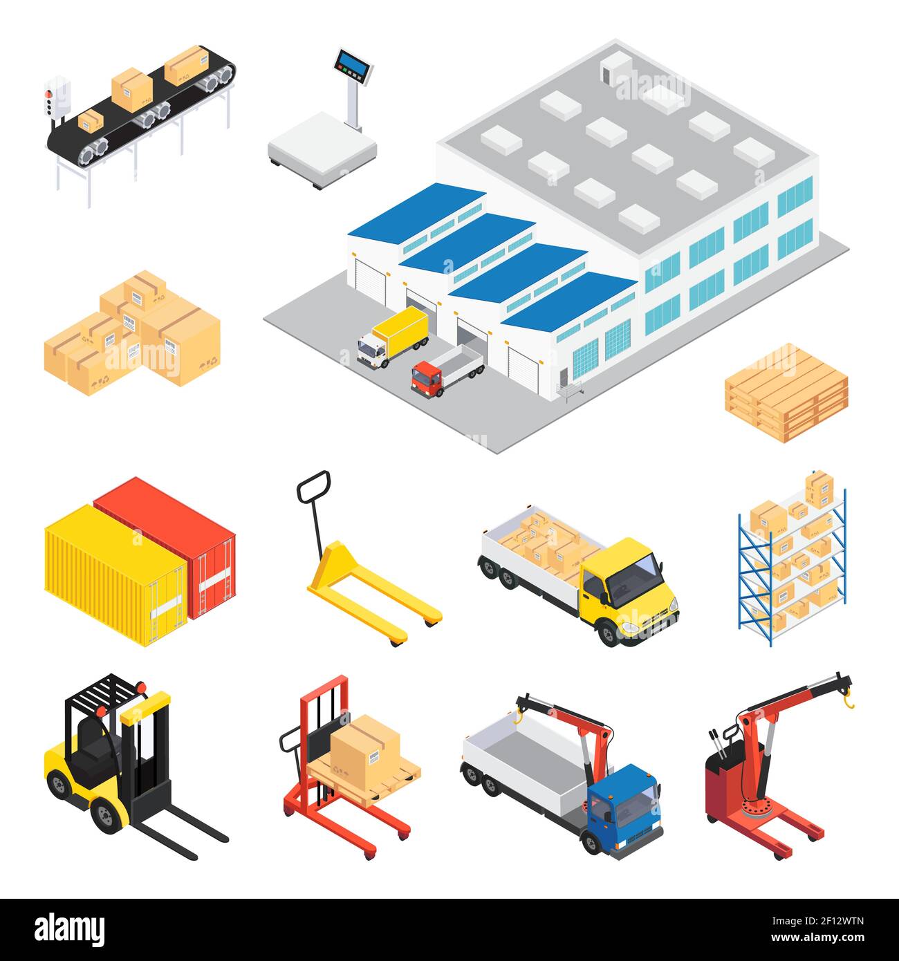 Warehouse isometric icon set with elements and attributes for creating ...