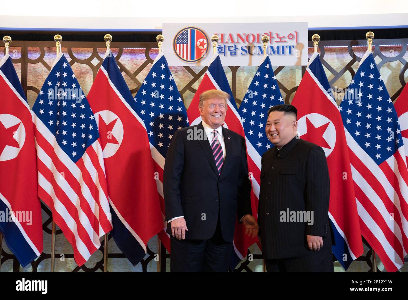 President Donald Trump is greeted by Kim Jong Un Chairman of the State Affairs Commission of the Democratic People's Republic of Korea Wednesday Feb. 27 2019 at the Sofitel Legend Metropole hotel in Hanoi for their second summit meeting. Stock Photo