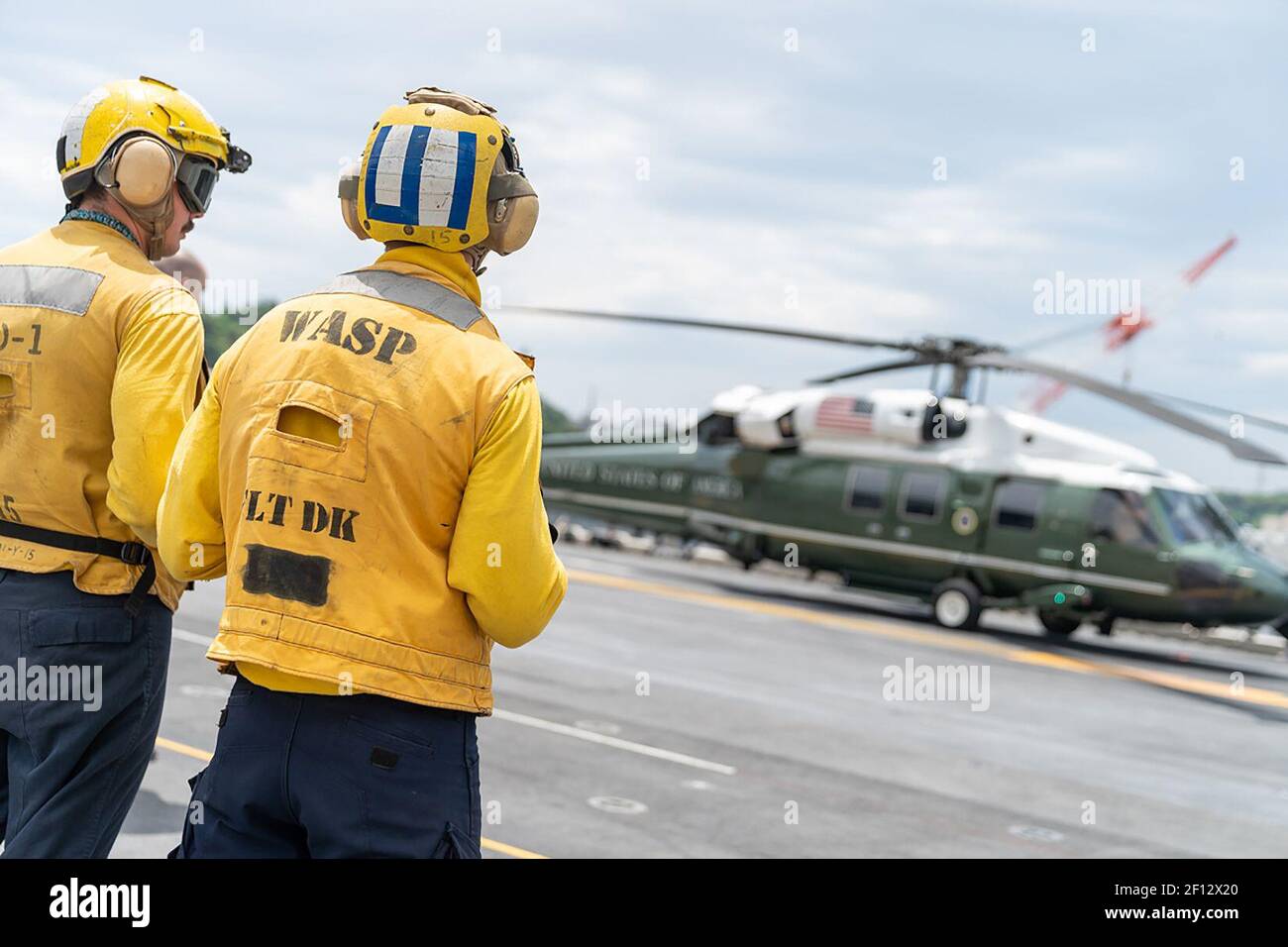 Marine One with President Donald Trump and First Lady Melania Trump aboard prepares to land on the USS Wasp Tuesday May 28 2019 in Yokosuka Japan. Stock Photo