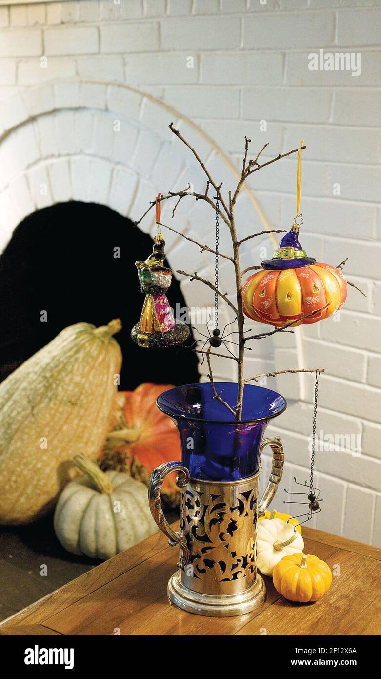 Scare up a scene thatÃs both elegant and seasonal with a standout vase (early 20th-century silverplate and cobaltblue vase, $595, at Carter Bowden Antiques) and a branch decorated with Christopher Radko Halloween ornaments ('Harvest Grins' pumpkin, $42, 'Witchy Cone,' $49, at Lawrence's). Add some dangly spiders (set of three hanging spiders, $12, Pottery Barn) for a spooky touch. (Photo by Ross Hailey/Fort Worth Star-Telegram/MCT/Sipa USA) Stock Photo