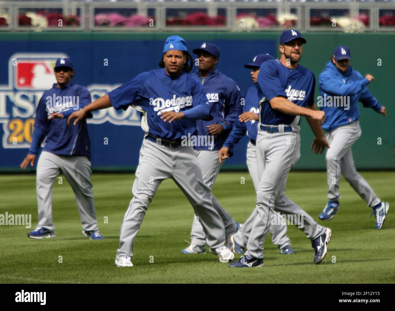 The Los Angeles Dodgers warm-up before workouts at Citizens Bank