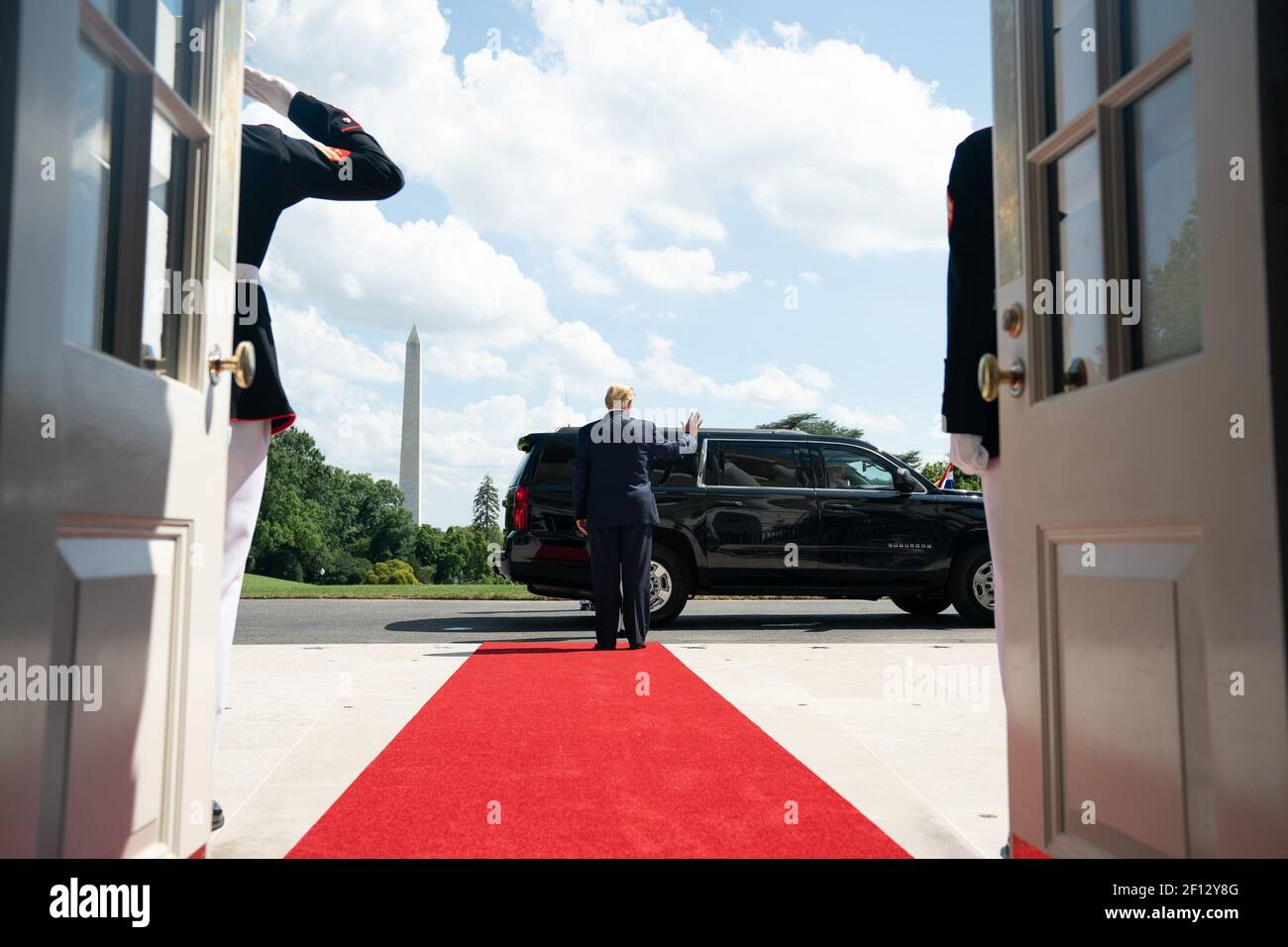 President Donald Trump bids farewell to the Prime Minister of the Netherlands Mark Rutte Thursday July 18 2019 from the South Portico of the White House. Stock Photo