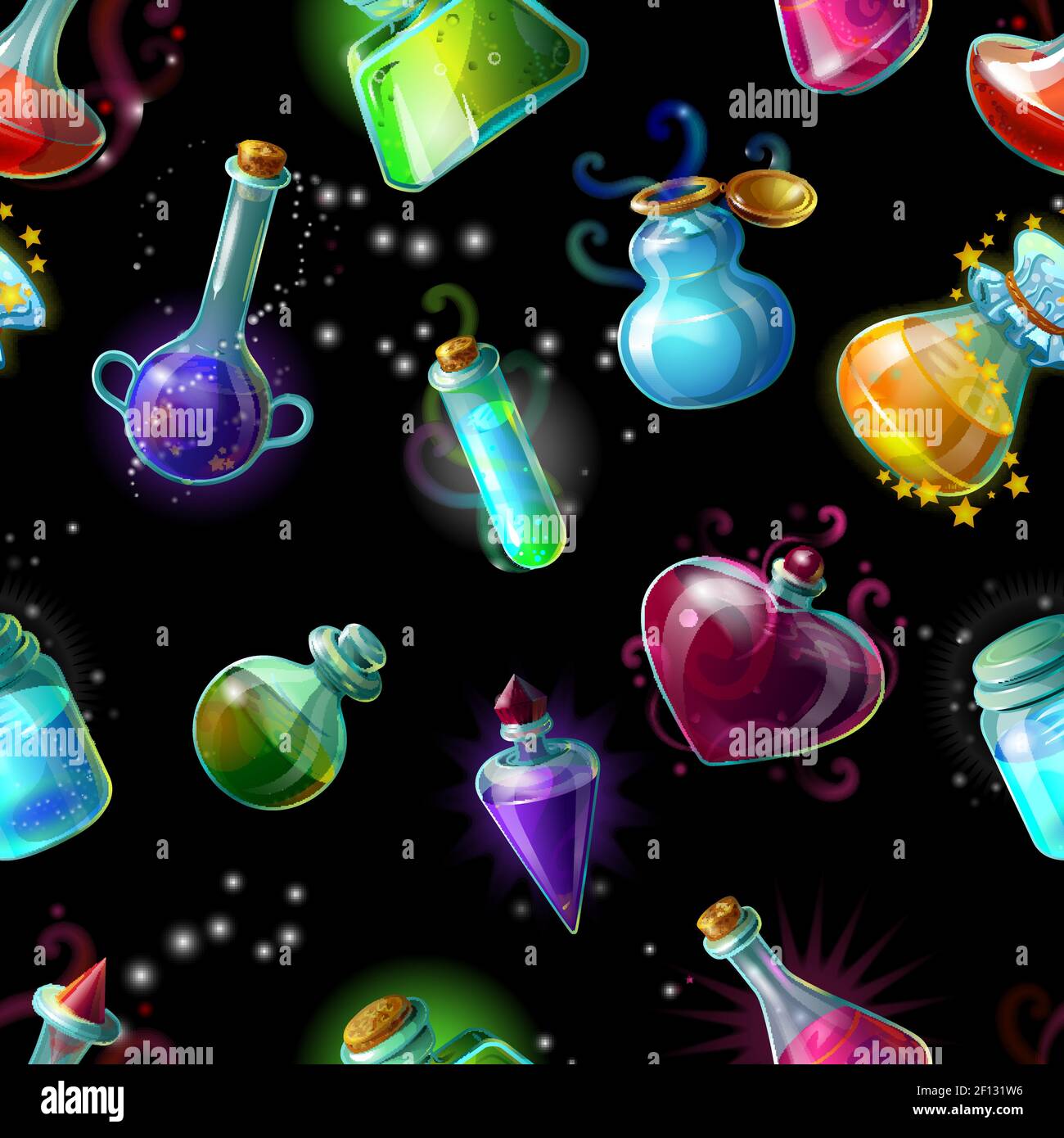 Magic bottles in an outer space pattern with colorful jars with liquid potions drops and stars vector illustration Stock Vector