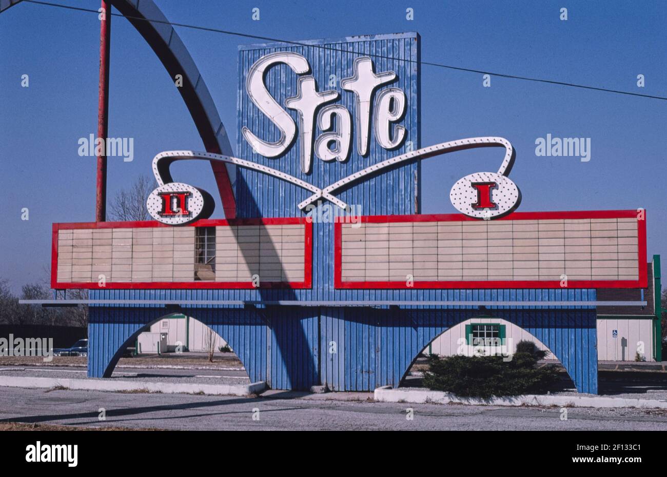 State Drive-In Theater sign wide view showing entire arch Route 24 State Avenue ca. 1994 Stock Photo