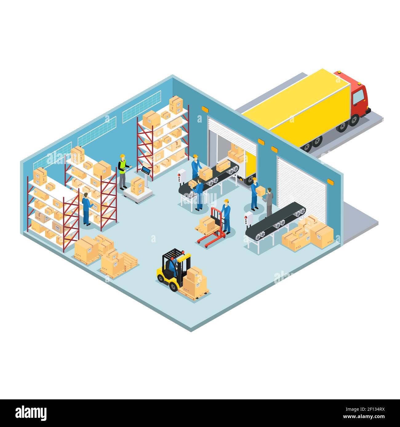 Warehouse isometric composition with working process of loading and ...