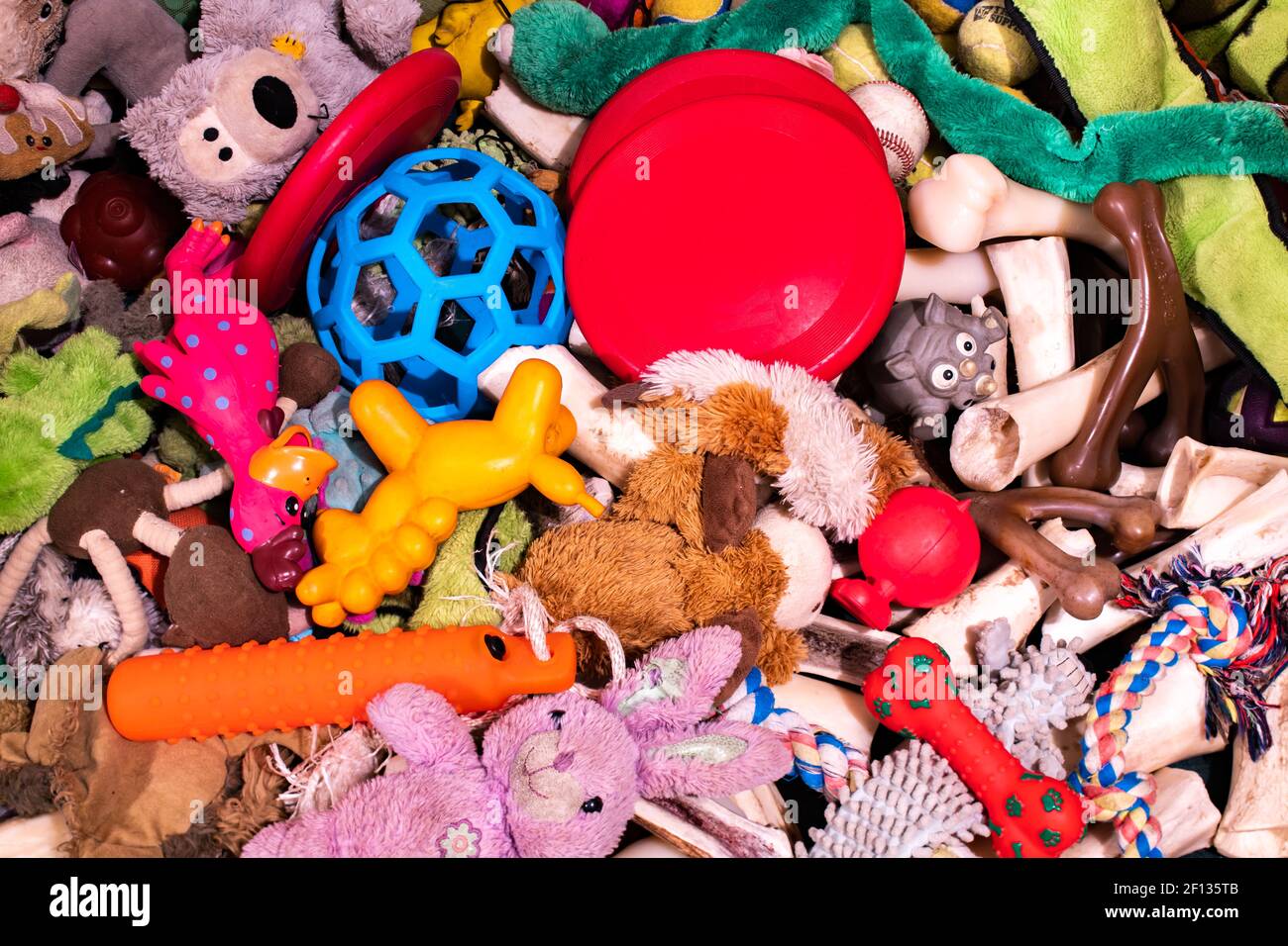 A large collection of assorted dog toys and bones Stock Photo
