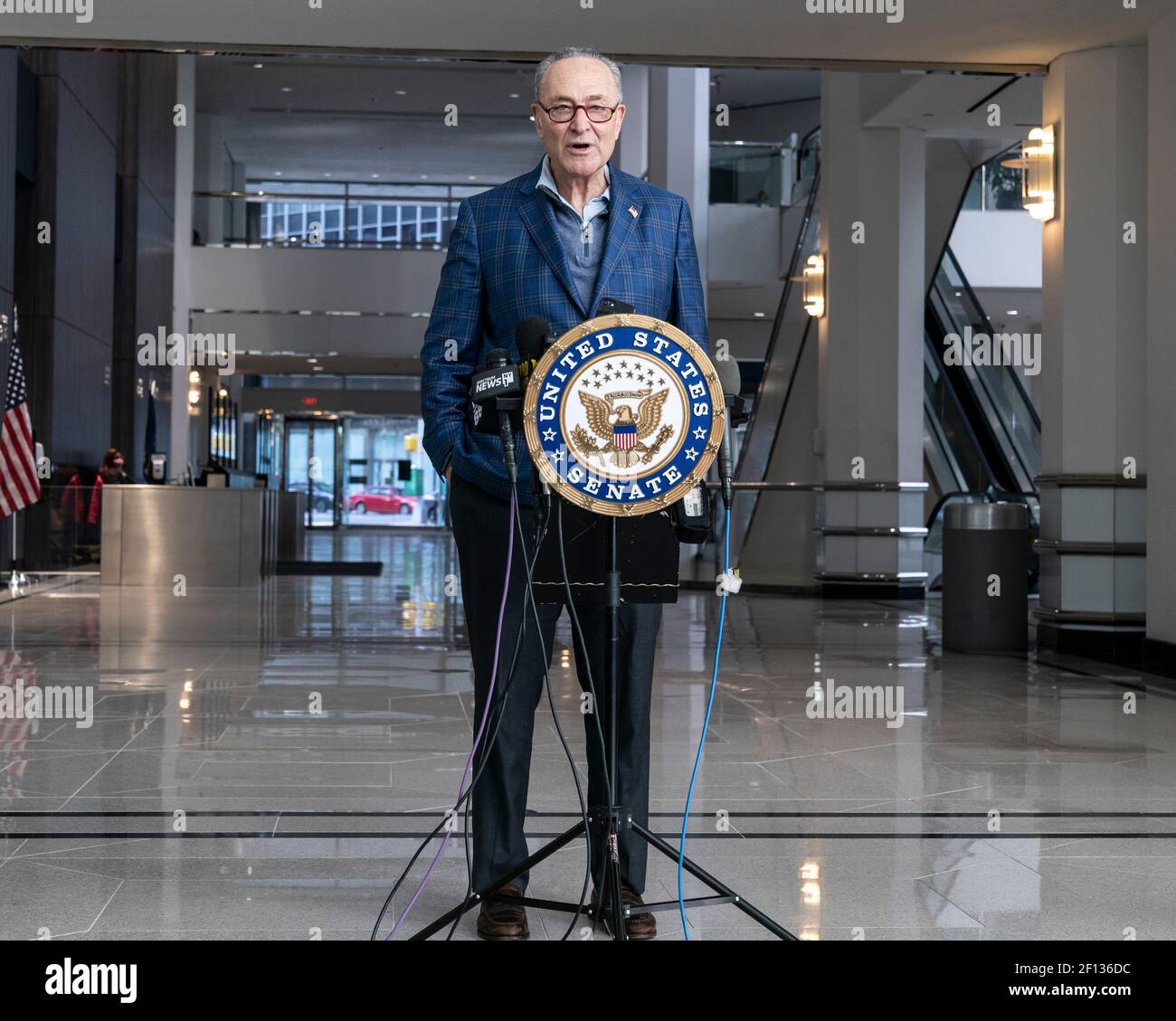 New York, NY - March 7, 2021: Senate Majority Leader Chuck Schumer holds press conference on COVID Relief and Rescue package passed by Senate at 785 3rd Avenue Stock Photo