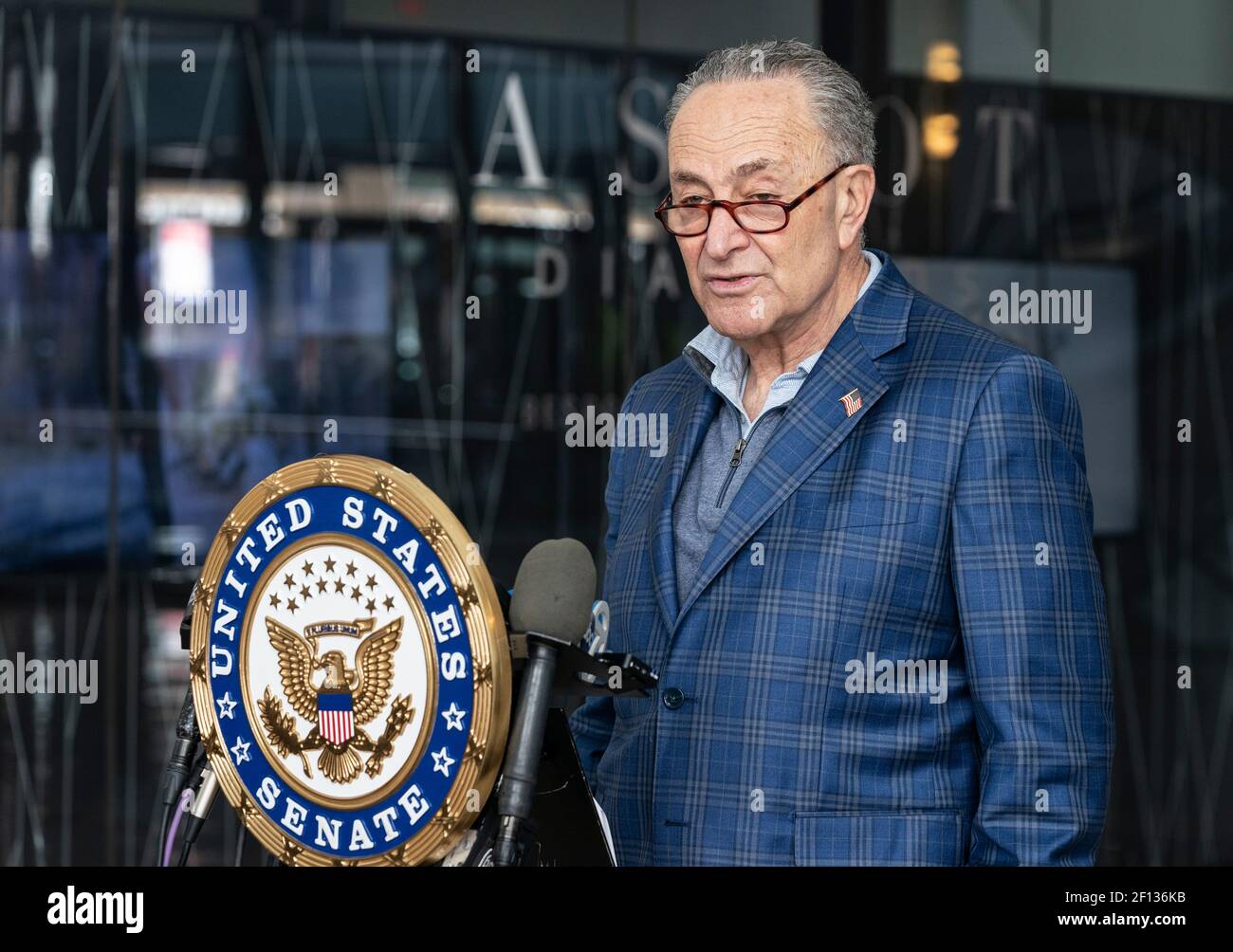 New York, NY - March 7, 2021: Senate Majority Leader Chuck Schumer holds press conference on COVID Relief and Rescue package passed by Senate at 785 3rd Avenue Stock Photo