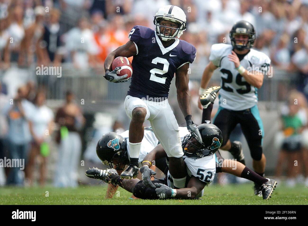 Penn State's Derrick Williams (2) breaks free of Coastal Carolina's E.J.  Brown (52) at Beaver Stadium in State College, Pennsylvania, on Saturday,  August 30, 2008. (Photo by Mark Johnston/Centre Daily Times/MCT/Sipa USA