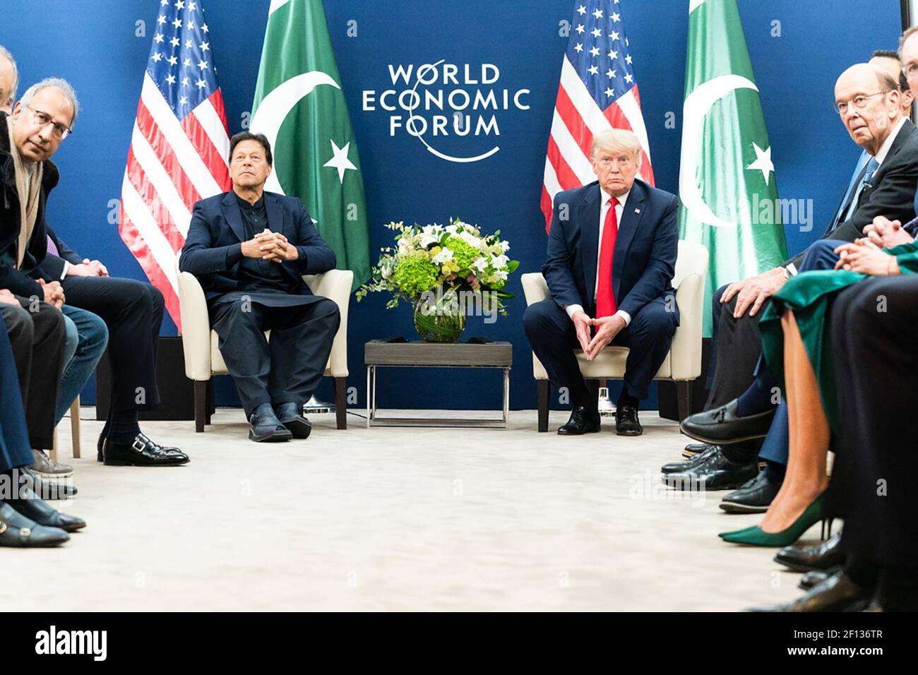 President Donald Trump joined by Secretary of Commerce Wilbur Ross and other members of the U.S. Delegation meets with the Prime Minister of the Islamic Republic of Pakistan Imran Khan during the 50th Annual World Economic Forum meeting Tuesday Jan. 21 2020 at the Davos Congress Centre in Davos Switzerland. Stock Photo