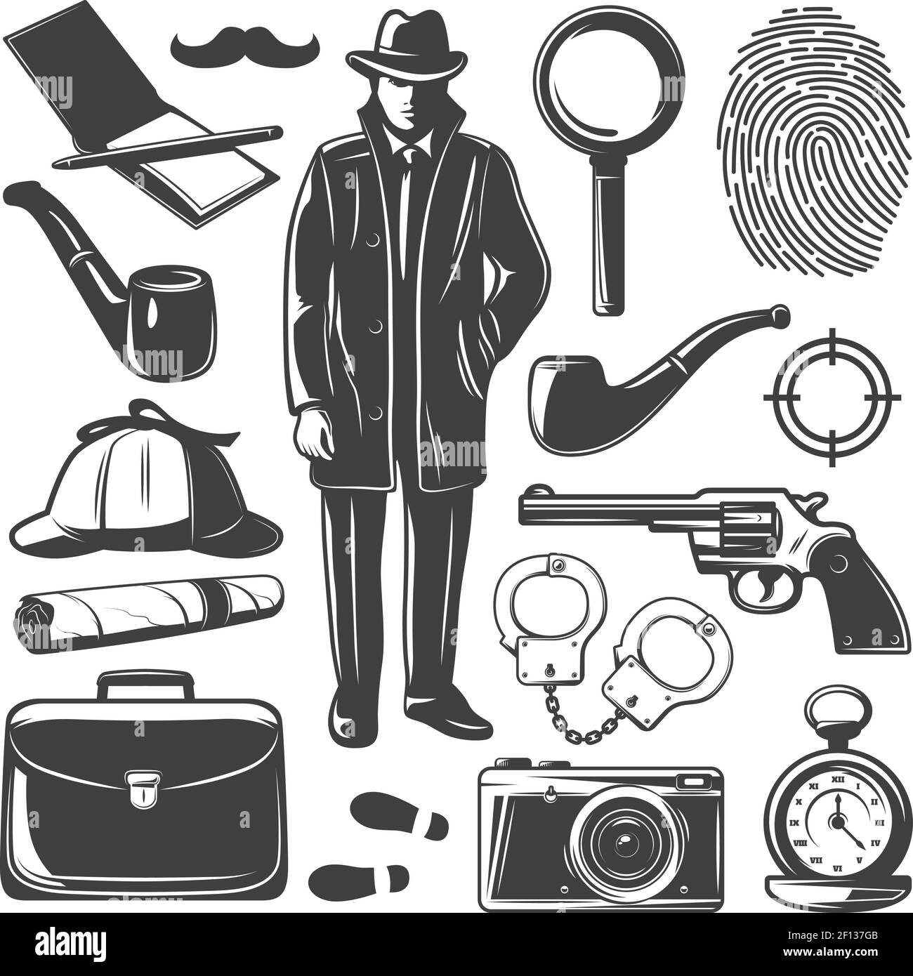 Set of isolated monochrome old style drawn detective elements with professional spy gear pipe and notebook vector illustration Stock Vector
