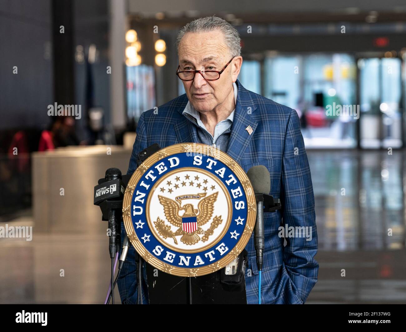 New York, NY - March 7, 2021: Senate Majority Leader Chuck Schumer holds press conference on COVID Relief and Rescue package passed by Senate at 785 3rd Avenue Stock Photo