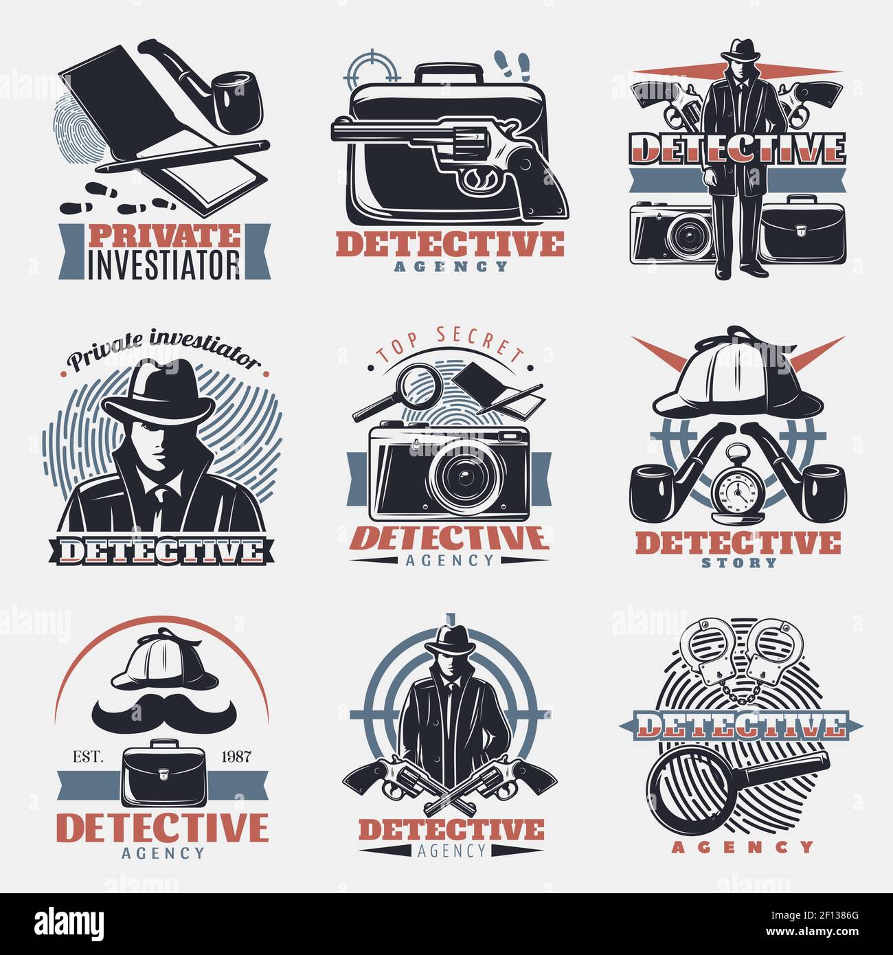 Nine isolated vintage detective labels in color with lens wristbands spy gear and fingerprint investigation symbols vector illustration Stock Vector