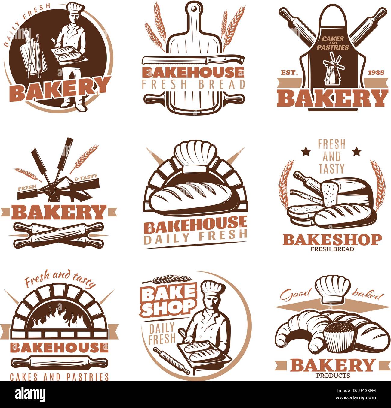 Isolated bake shop emblem desings set with different symbols of bakehouse cereal bread of many kinds vector illustration Stock Vector