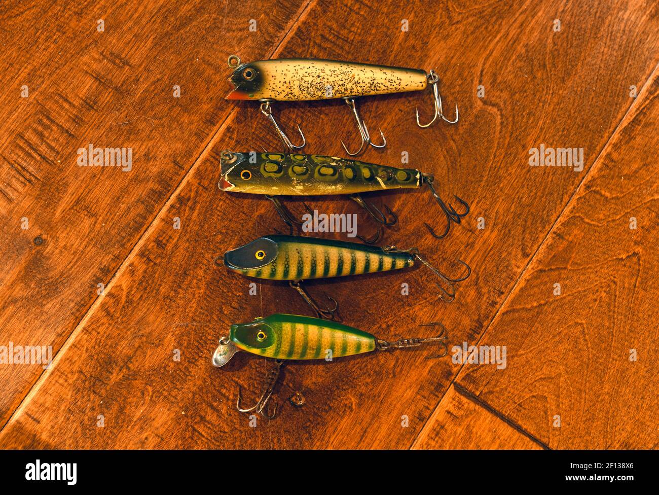 Wooden vintage colorful fishing lures Stock Photo