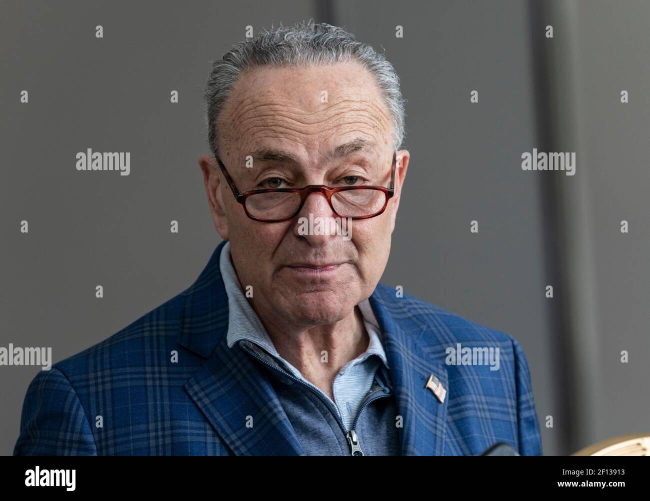 New York, NY - March 7, 2021: Senate Majority Leader Chuck Schumer holds press conference on COVID Relief and Rescue package passed by Senate at 785 3rd Avenue Stock Photo
