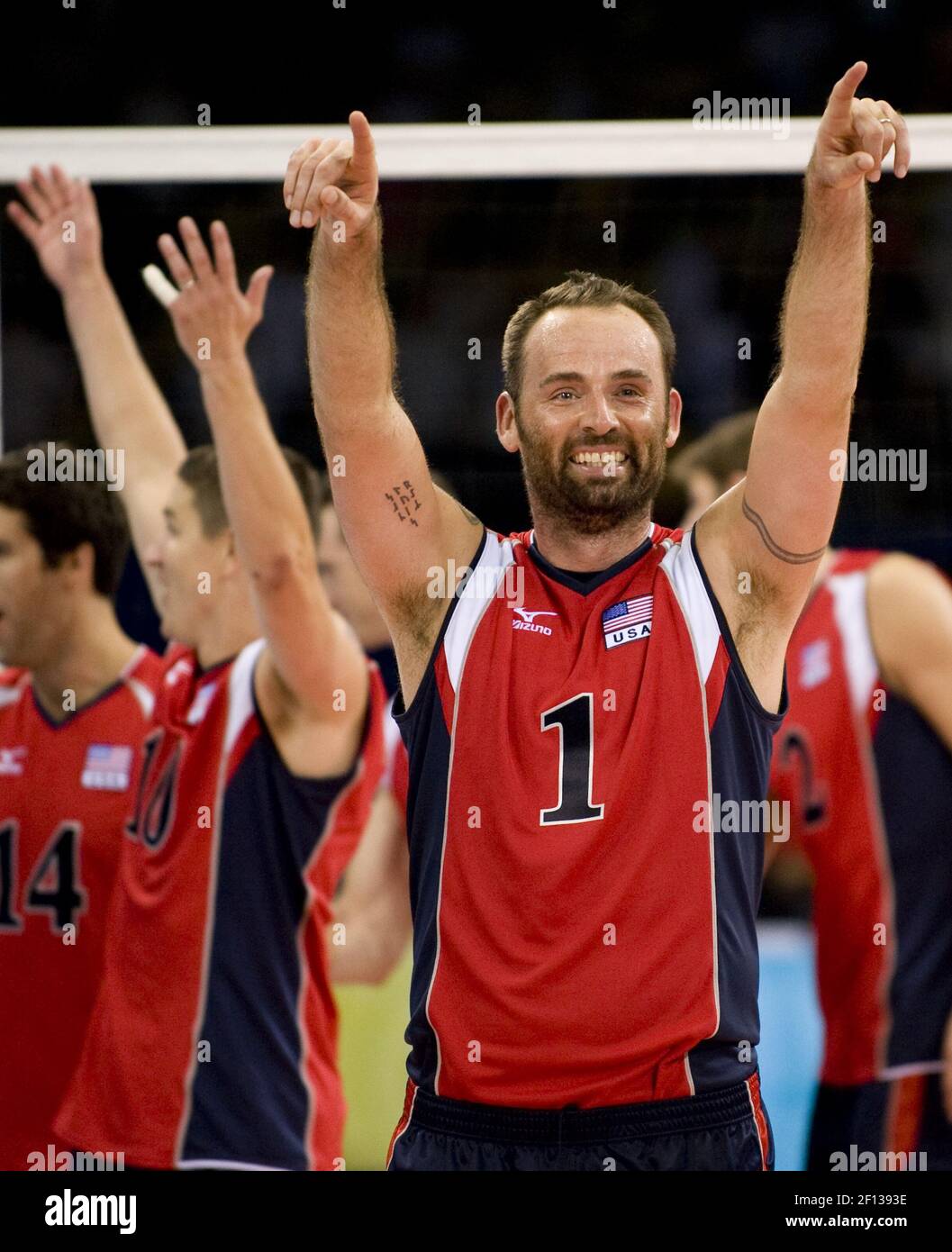 Lloy Ball of the United States celebrates beating Brazil in the volleyball  gold medal game during the Games of the XXIX Olympiad in Beijing, China.  (Photo by Paul Kitagaki Jr./Sacramento Bee/MCT/Sipa USA