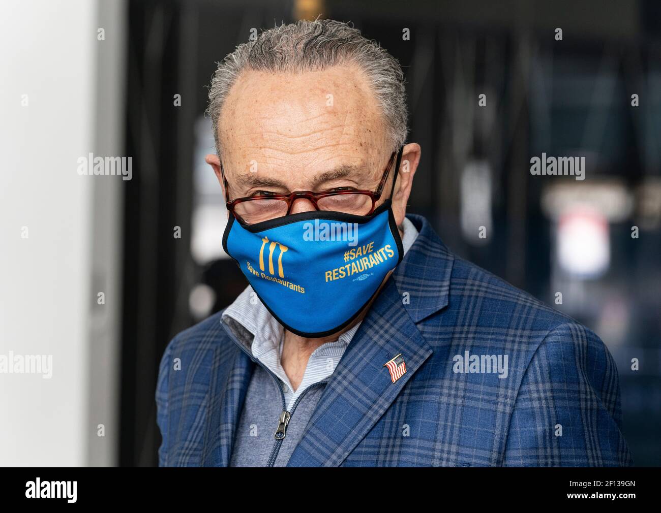 New York, NY - March 7, 2021: Senate Majority Leader Chuck Schumer holds press conference on COVID Relief and Rescue package passed by Senate at 785 3rd Avenue Stock Photo