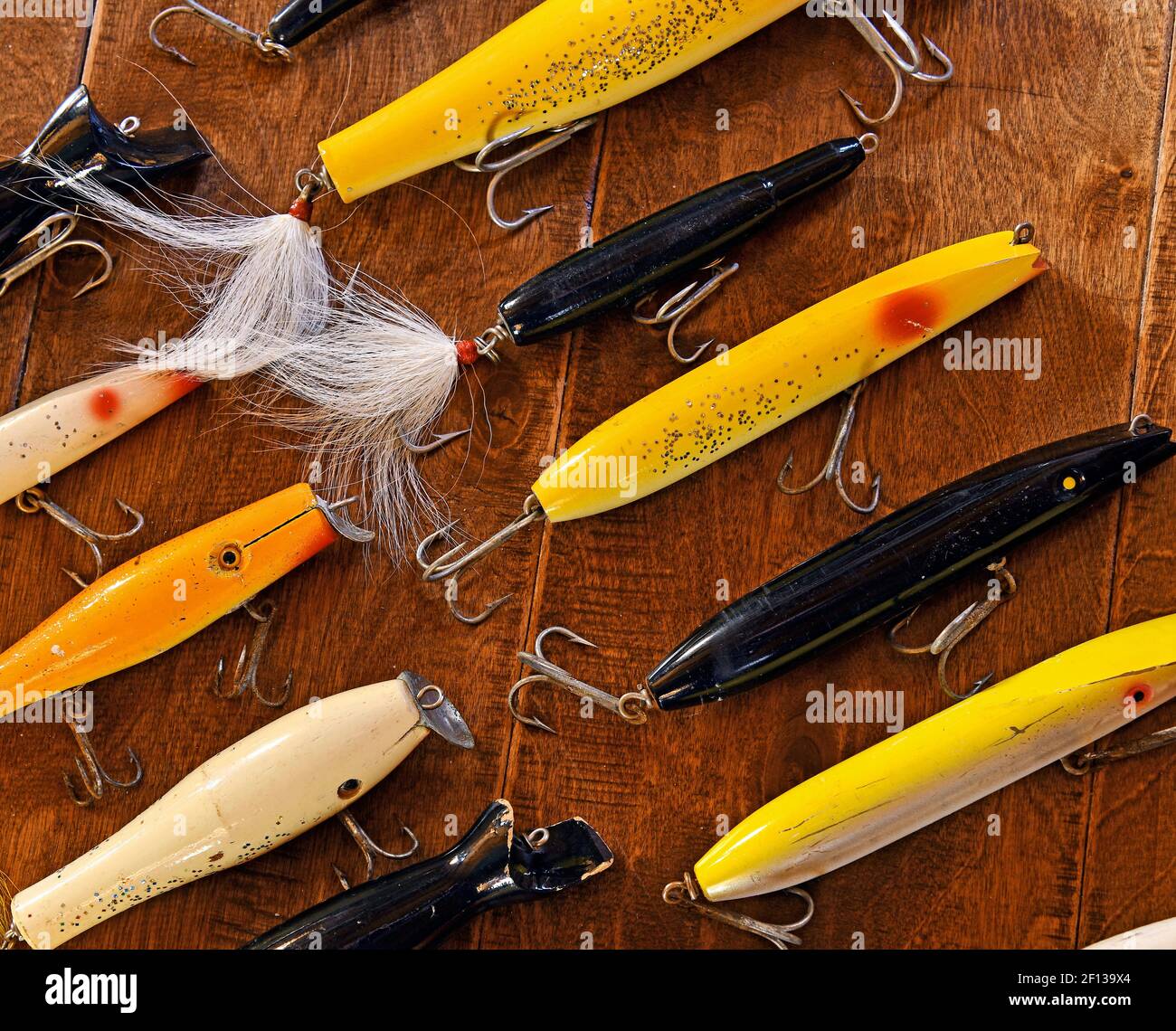 Wooden vintage colorful fishing lures Stock Photo