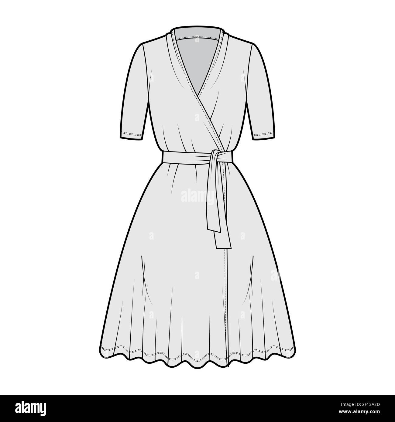 Wrap dress technical fashion illustration with deep V-neck, long sleeves,  oversized, knee length, pencil cut, tie. Flat apparel template front, white  color style. Women, men unisex CAD mockup Stock Vector Image \u0026