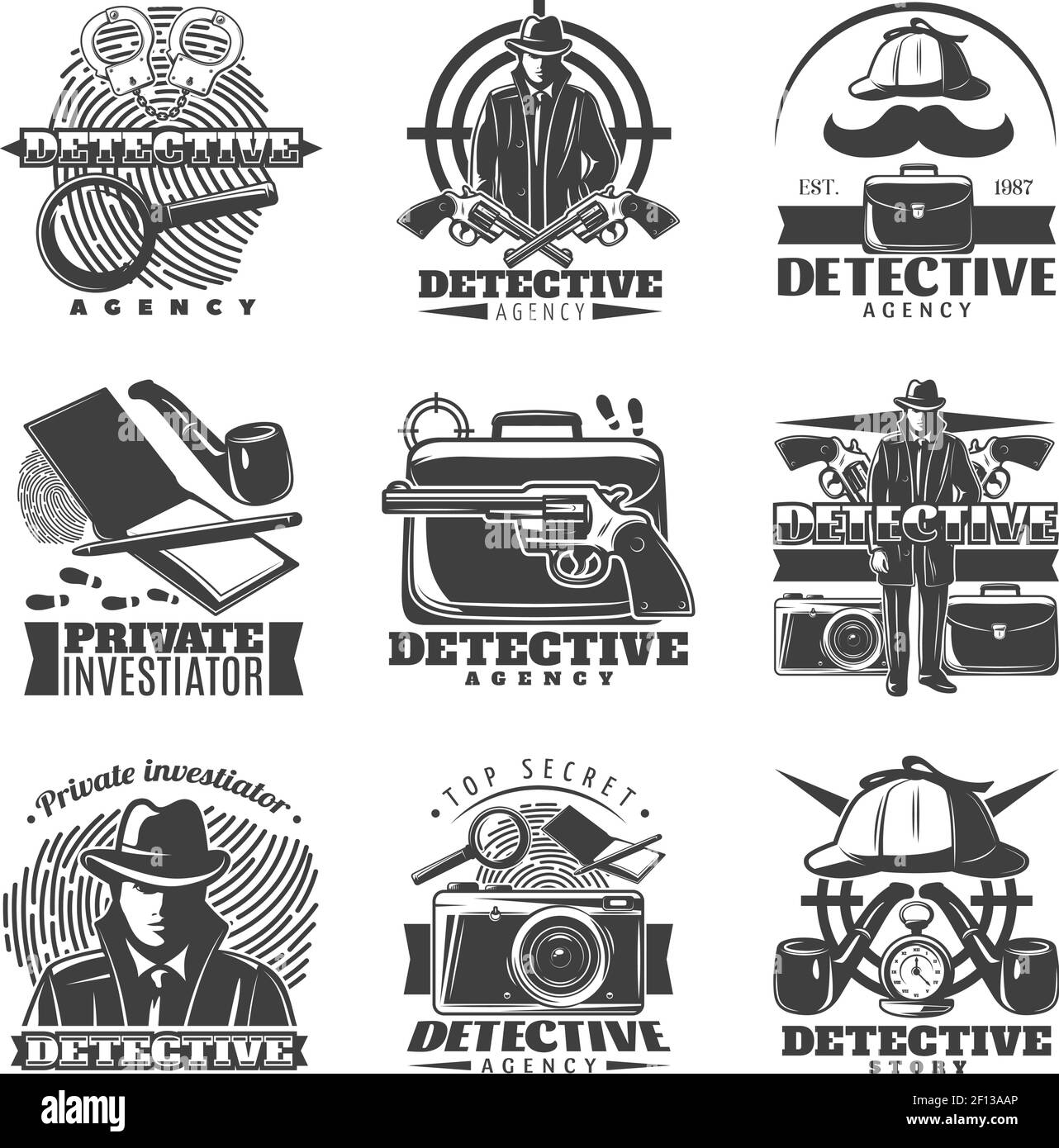 Isolated vintage detective labels set with old fashioned accessories mask and investigation symbols on blank background vector illustration Stock Vector