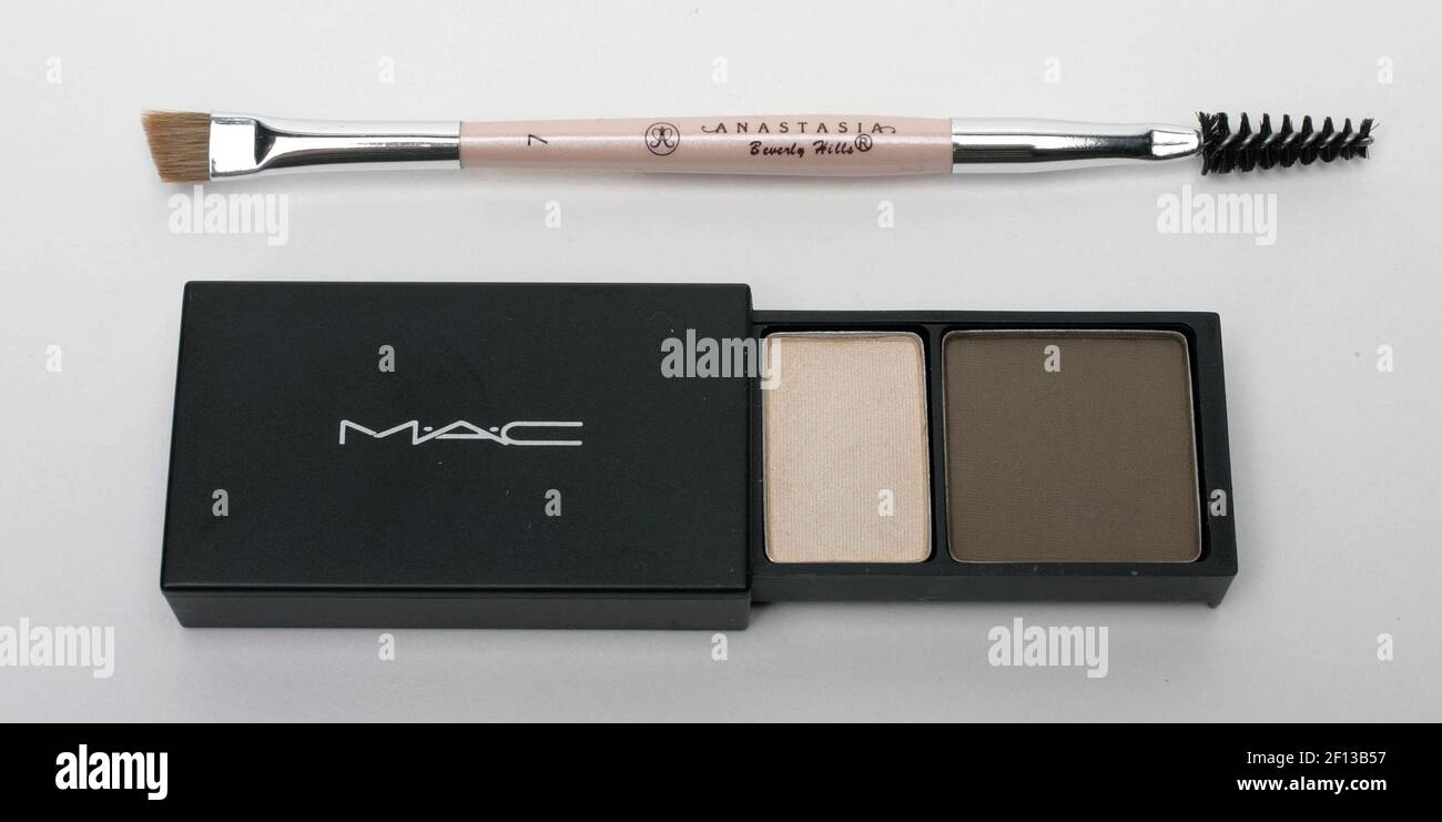 Eyebrow wax/powder/color: MAC Brow Shader with highlighter, in porcelain  and browning, $15.50, Nordstrom. eyebrow brushes: Anastasia mini duo brush,  $18, Sephora. Sephora brand brow brush, $9, Sephora. (Photo by Josie  Lepe/San Jose