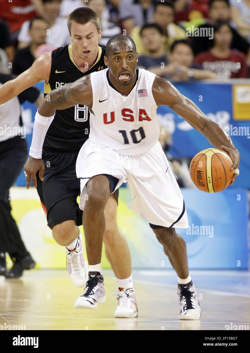 Kobe Bryant of the United States drives down court against Germany on  Monday, August 18, 2008, in the Games of the XXIX Olympiad in Beijing,  China. (Photo by Erich Schlegel/Dallas Morning News/MCT/Sipa