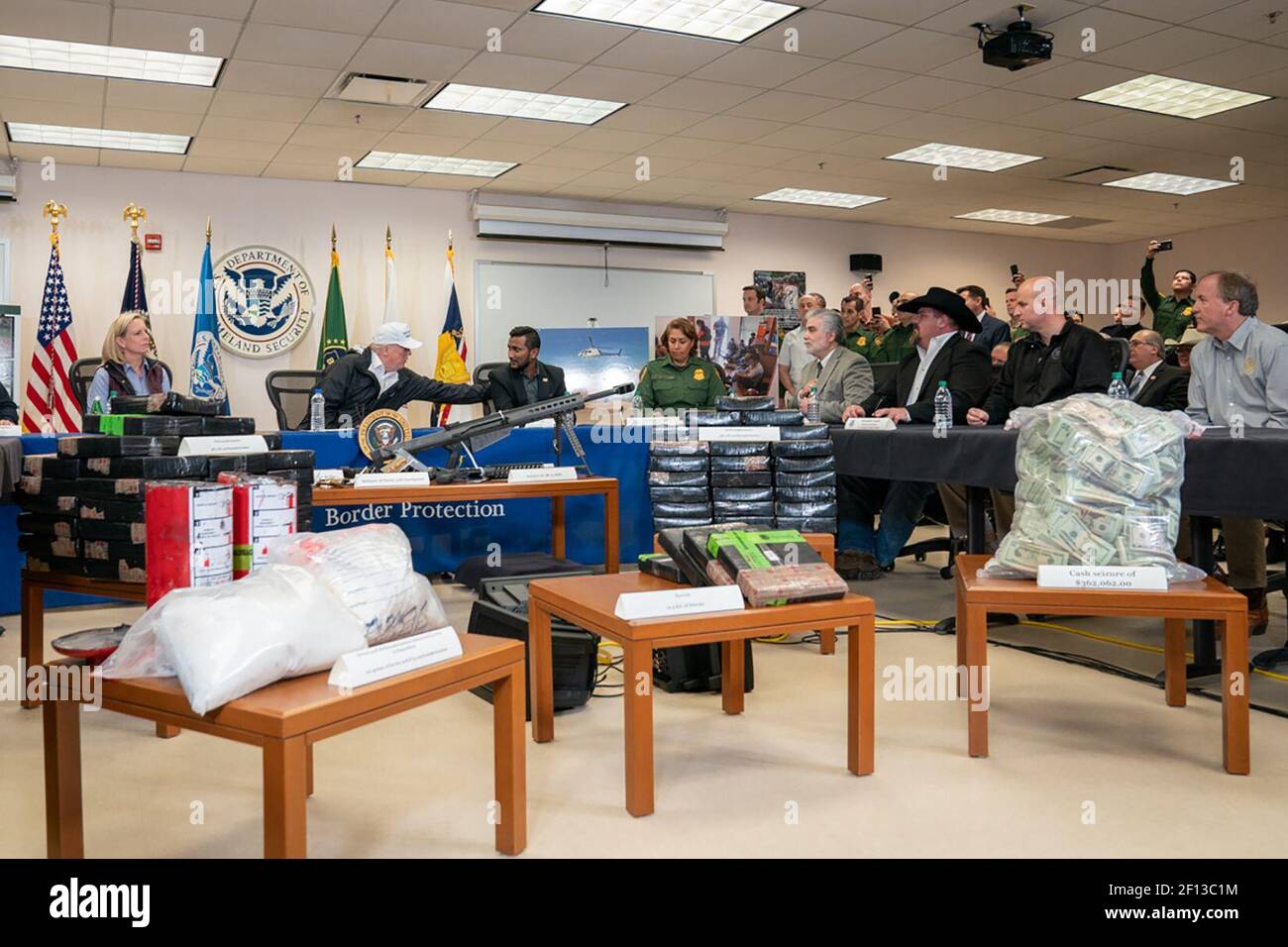 President Donald Trump joined by the Secretary of the Department of Homeland Security Kirstjen Nielsen left participates in a Roundtable on Immigration and Border Security Thursday January 10 2019 at the U.S. Border Patrol McAllen Station in McAllen Texas. Stock Photo