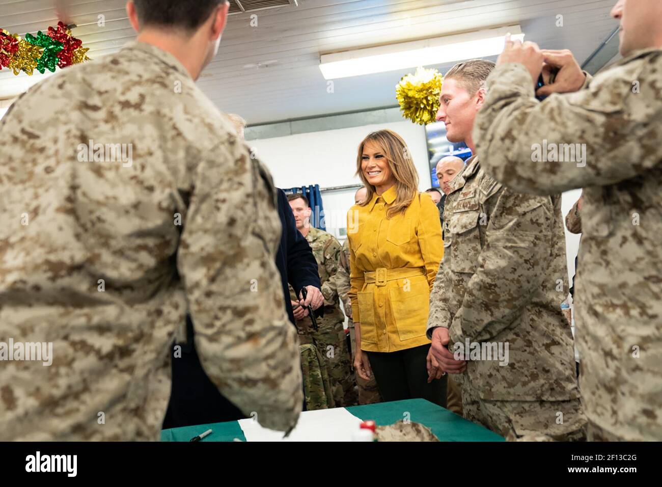 President Donald Trump and First Lady Melania Trump shake hands and speak with U.S. troops Wednesday December 26 2018 at the Al-Asad Airbase in Iraq. Stock Photo