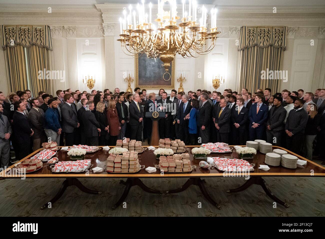 President Donald Trump welcomes the 2018 FCS Division I Football National Champions the North Dakota Bison Monday March 4 2019 in the State Dining Room of the White House. Stock Photo