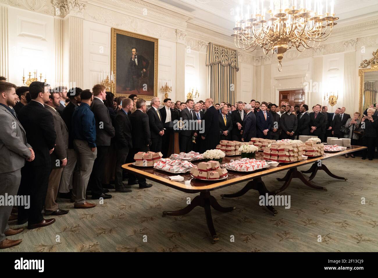 President Donald Trump welcomes the 2018 FCS Division I Football National Champions the North Dakota Bison Monday March 4 2019 to lunch in the State Dining Room of the White House. Stock Photo